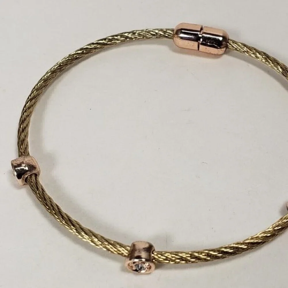 Gold-Tone Cable Wire Bangle Bracelet w/ Rose Gold Accents & Clear Crystal Charm